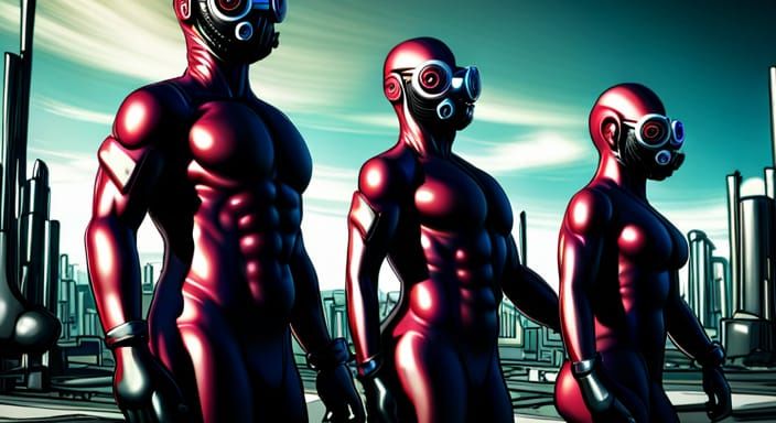 Muscled Figures in Rubber Suits in Futuristic City