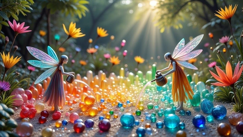 Ethereal Humanoids Tend Crystal Garden with Iridescent Drago...