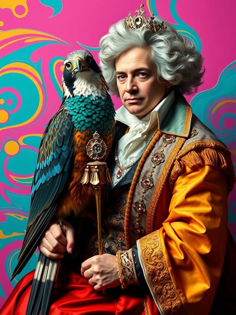 Elegant Beethoven with Regal Falcon in Art Deco Style