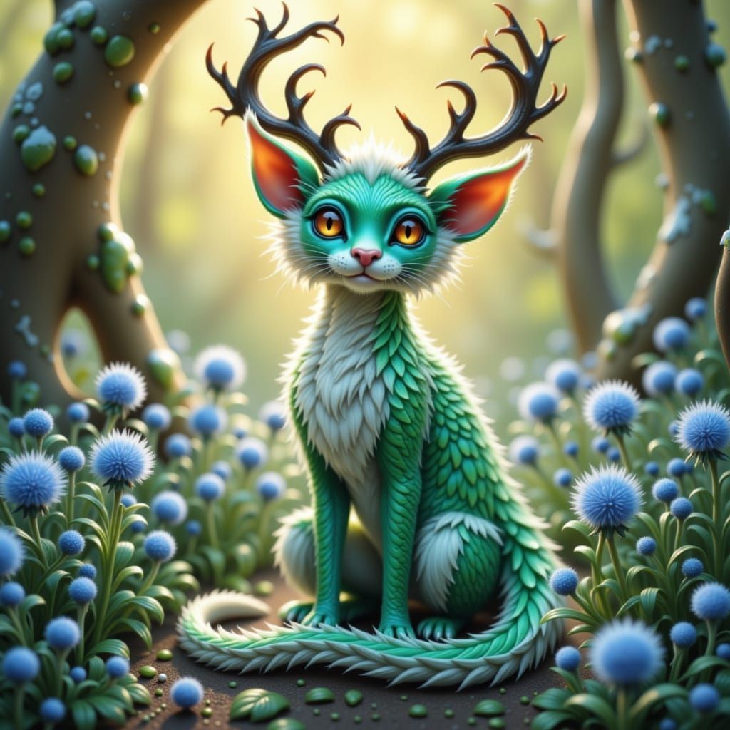 Dragon-Cat Hybrid in Winter Forest, Dreamlike Fantasy