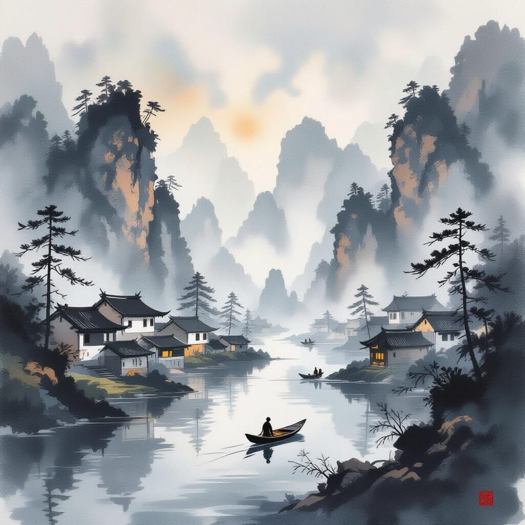 Misty Riverside Village in Haboku Ink Wash Style