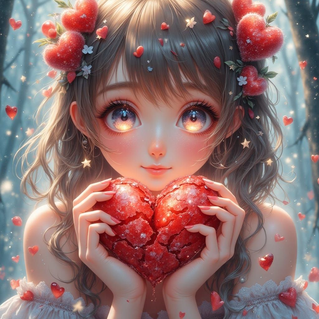 Surreal Anime Goddess Holding Shattered Heart in Super Hyper...