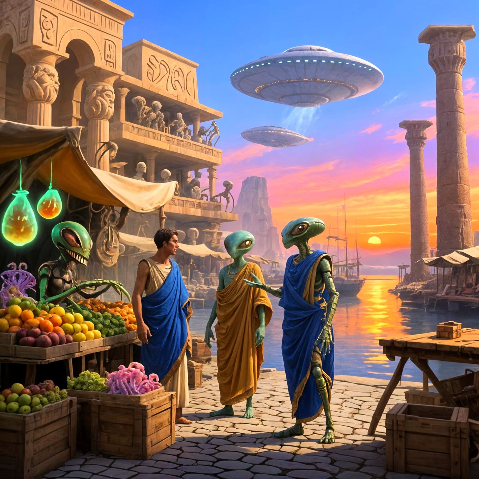 Alien Bazaar with Greek Figures, Digital Sci-Fi Painting