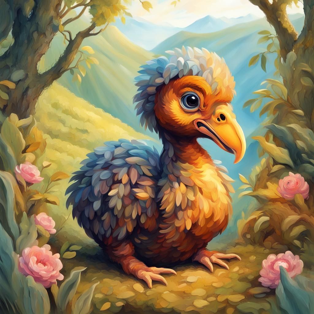 Adorable Baby Dodo in Fantasy Valley: Digital Painting