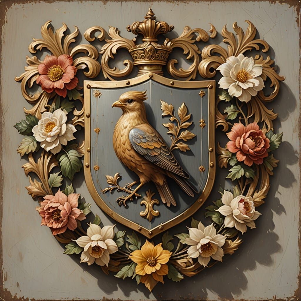 Elegant Heraldic Shield with Birds and Flowers in Oil Painti...