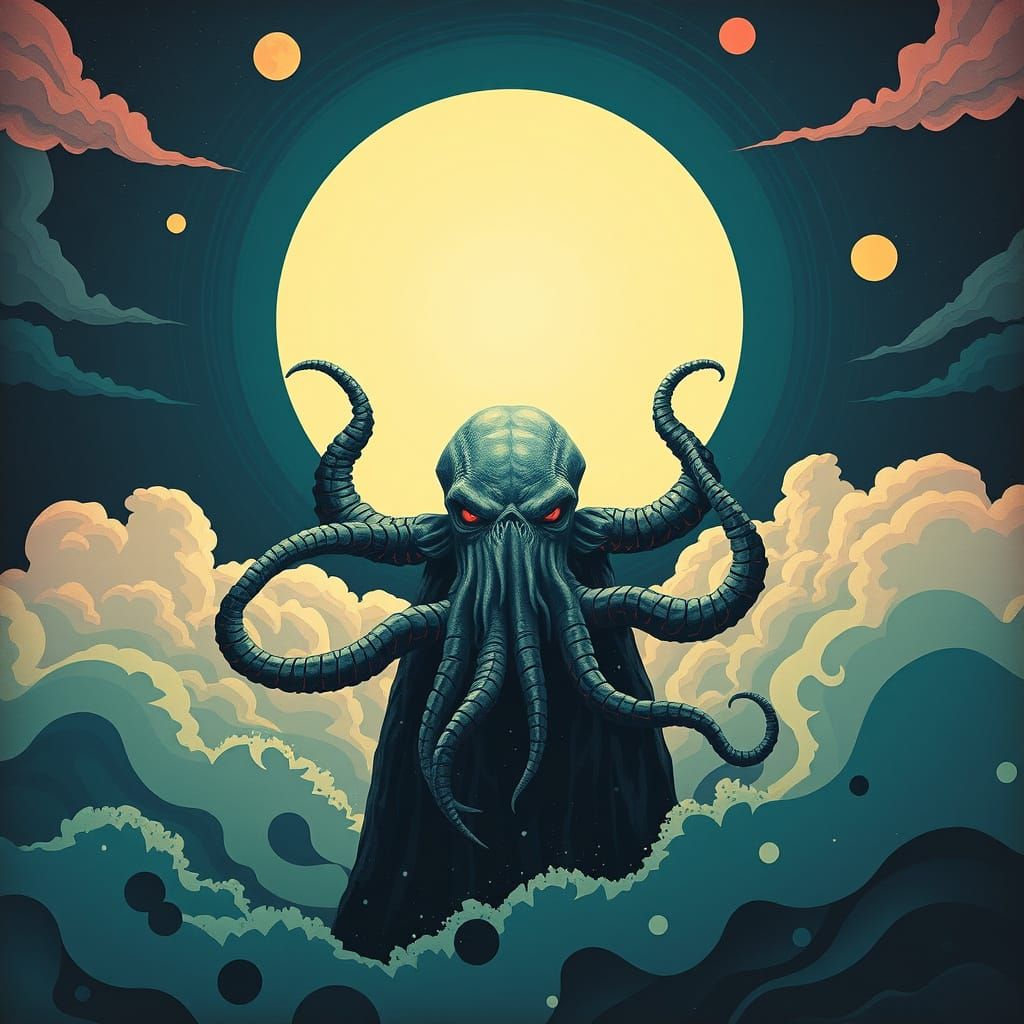 Cthulhu in Punk Style with Swirling Clouds