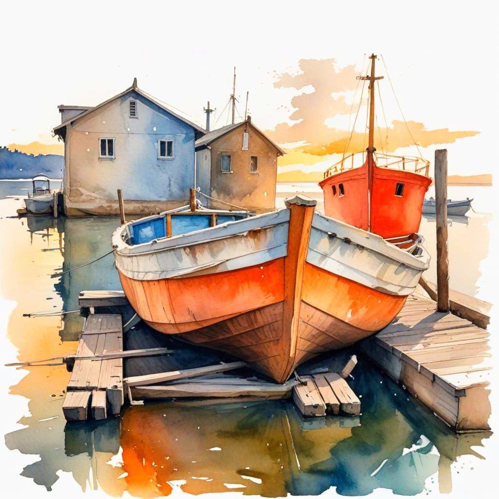 Expressionist Sunset Over Old Boat at Dock