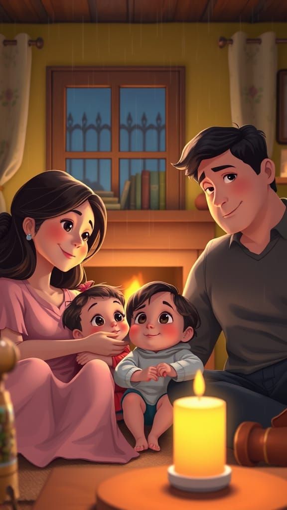 Cozy Family Scene in Storybook Illustration Style
