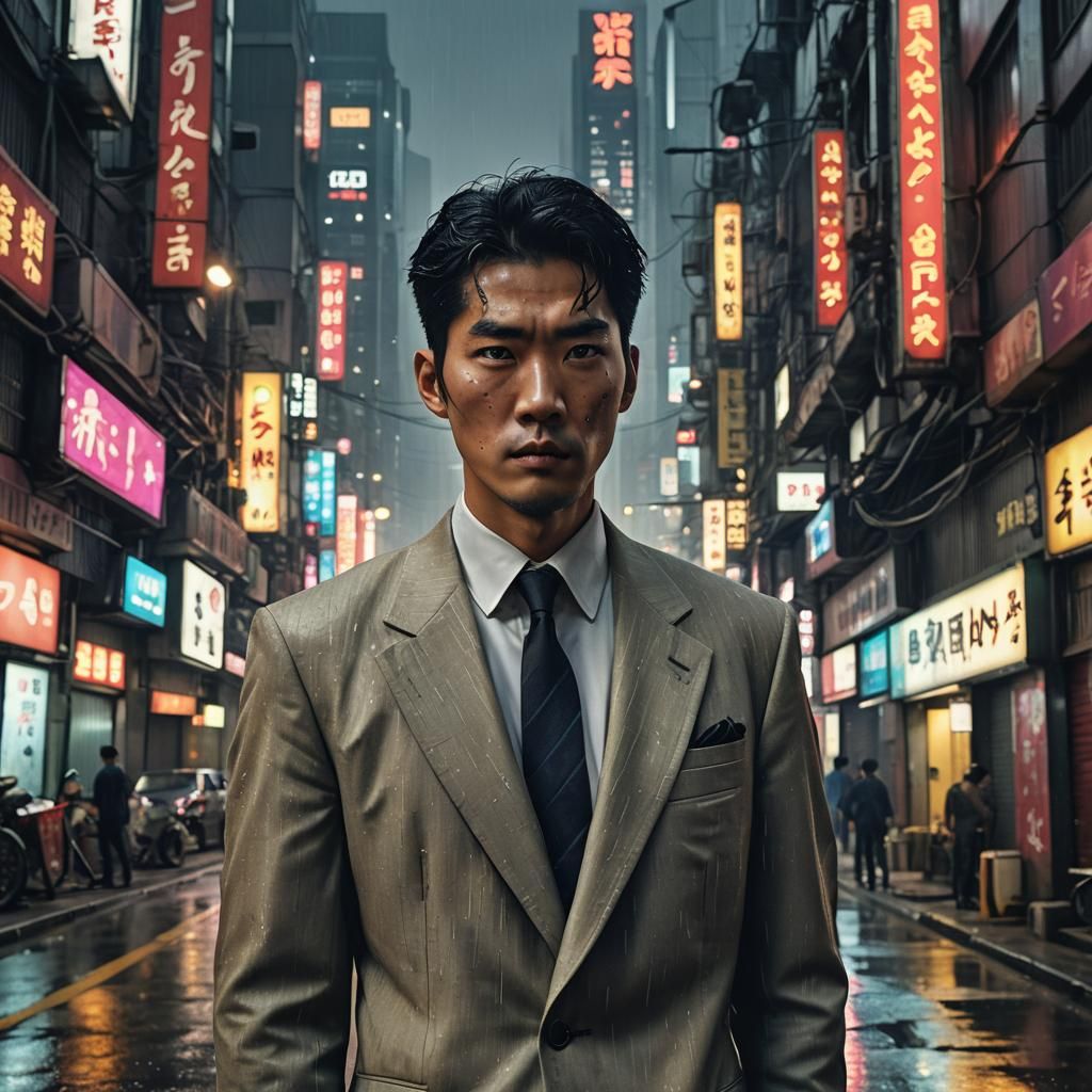 Menacing Figure in Neo-Seoul: Dystopian Cyberpunk Scene