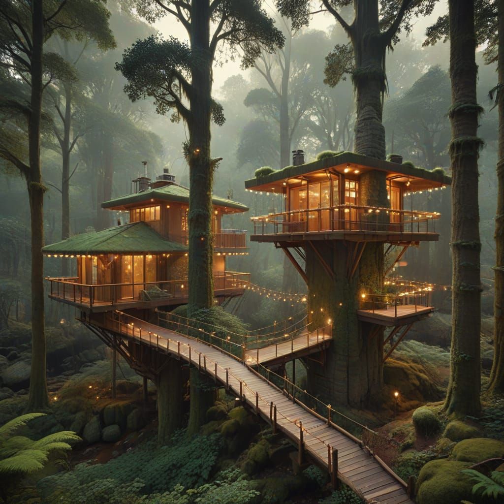 Organic Treehouses in Forest: Frank Lloyd Wright Style