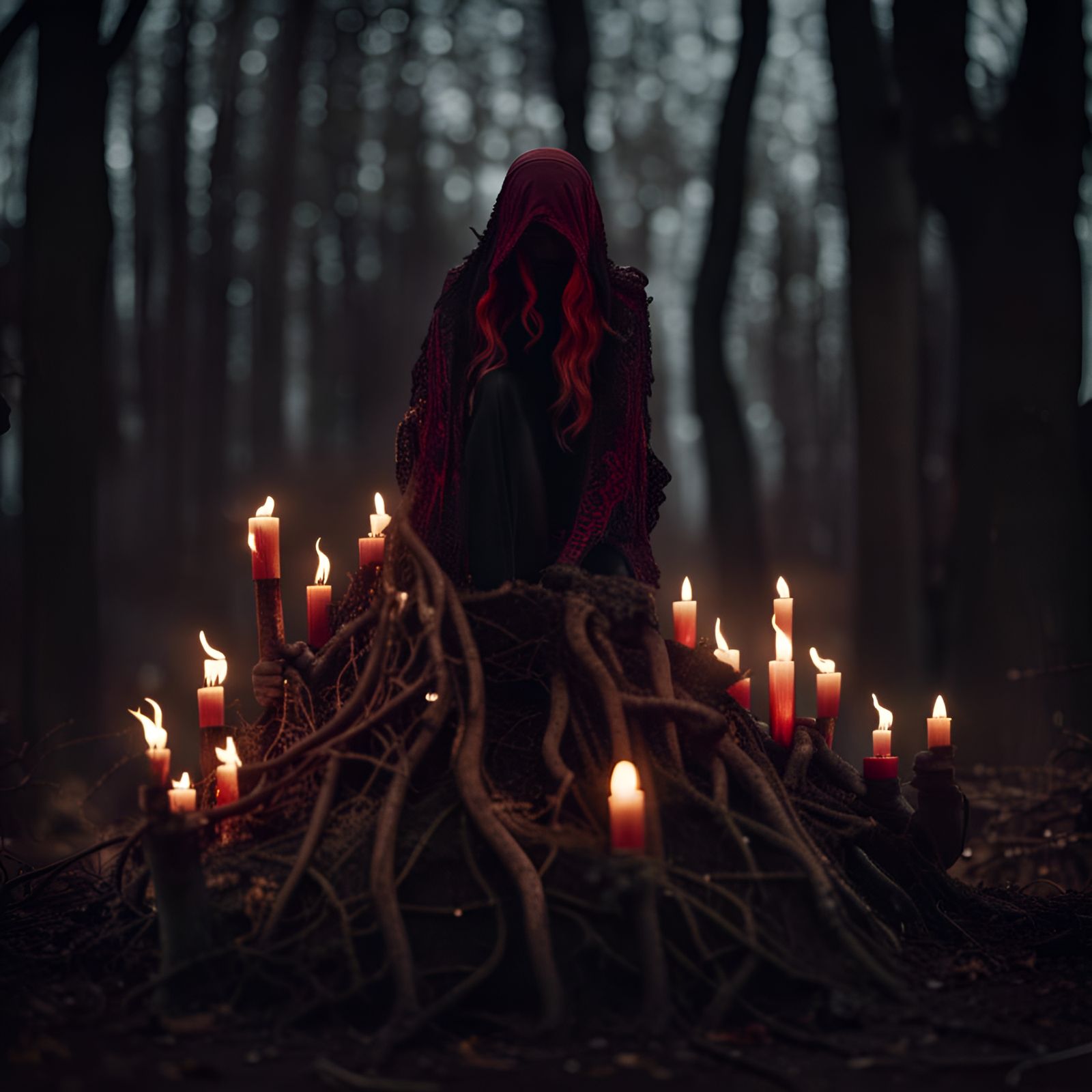 Eerie Forest Ritual with Faceless Demon Woman