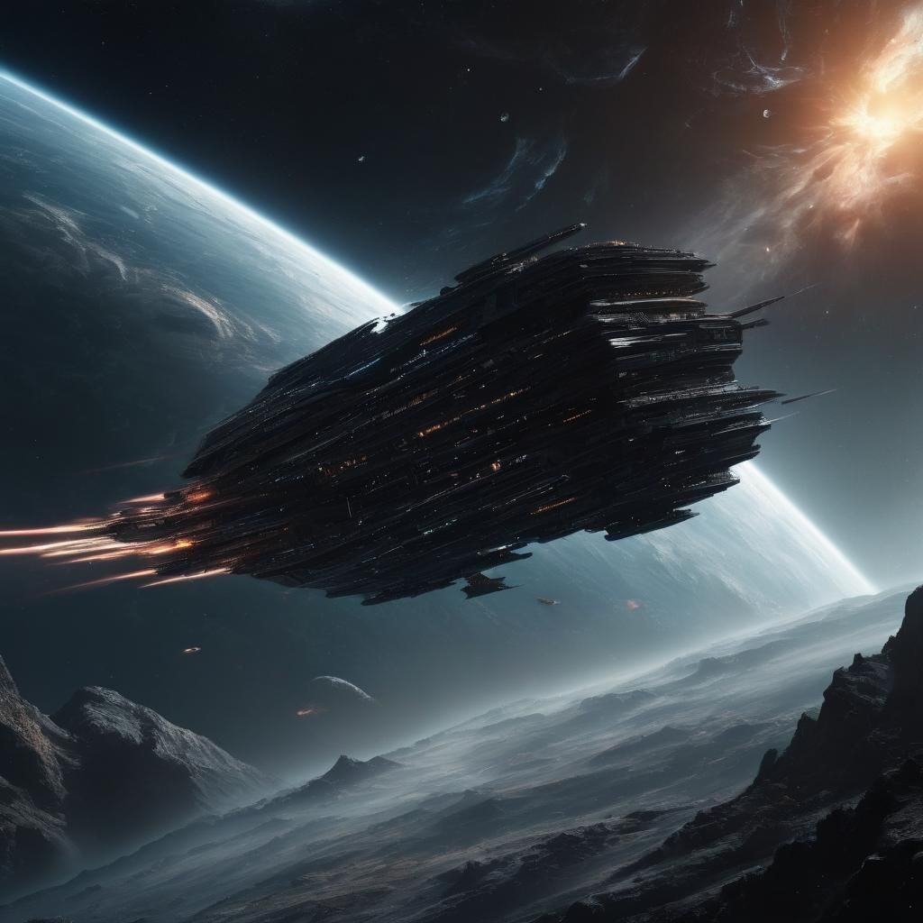 Colossal Black Starship Emerges in Planet Orbit