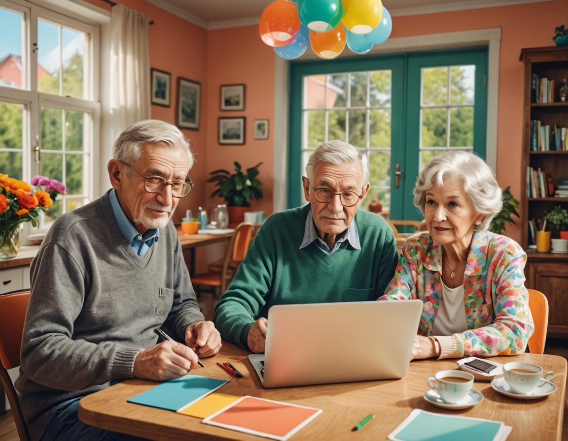 Three attractive elderly people (one woman and two men) sit ...