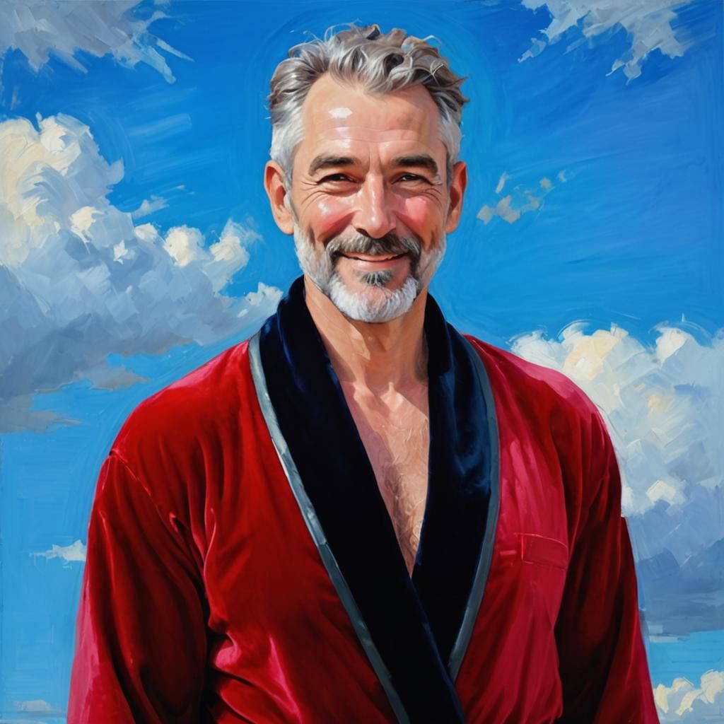 Joyful Man in Red Bathrobe: Impressionist Oil Painting