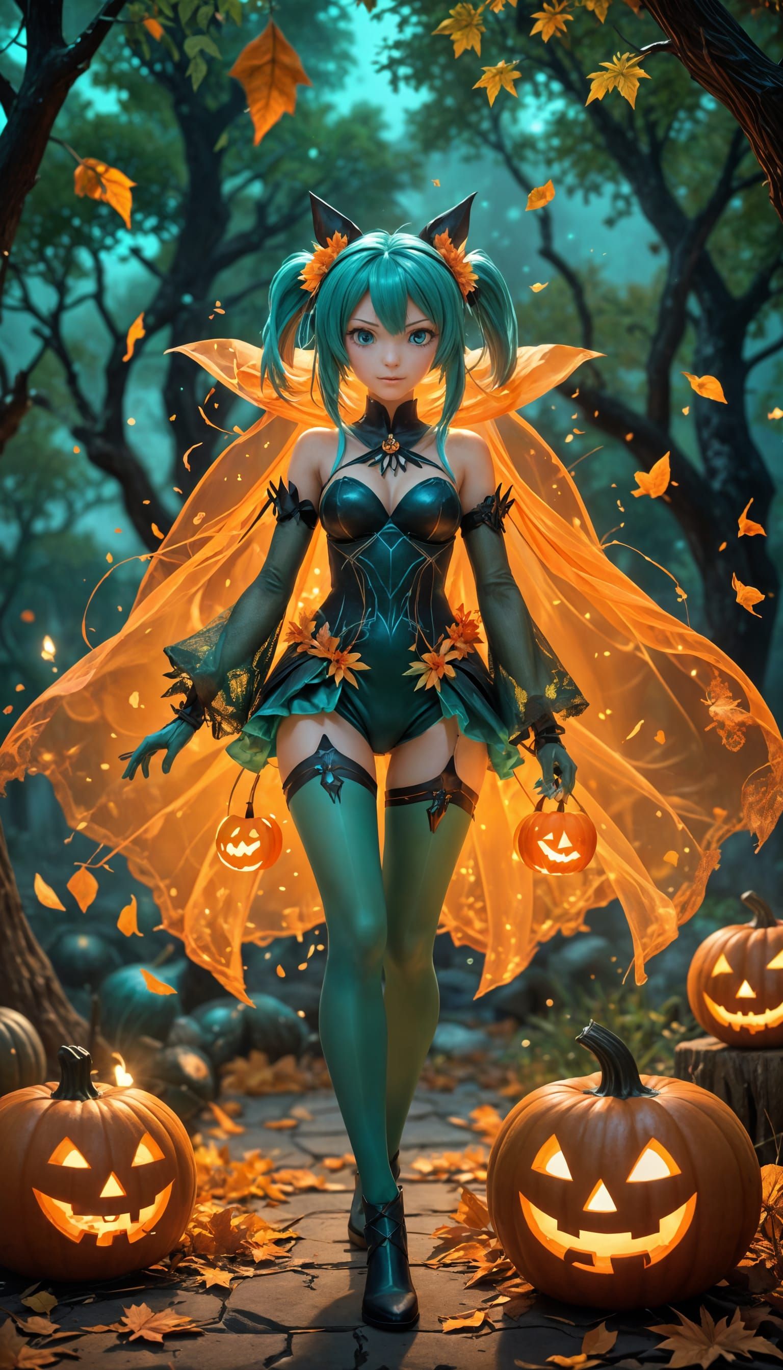Witch Hatsune Miku at a Vibrant Halloween Party