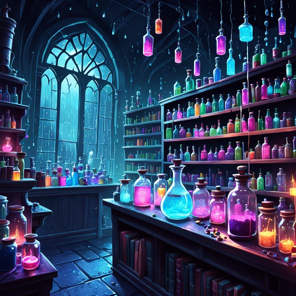 Magical Potion Lab with Scientist and Ethereal Rain