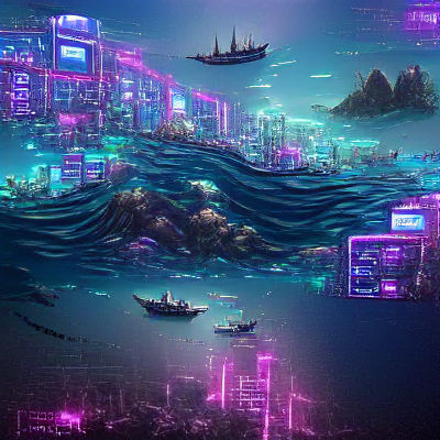 Cyberpunk Ocean Cityscape at Night