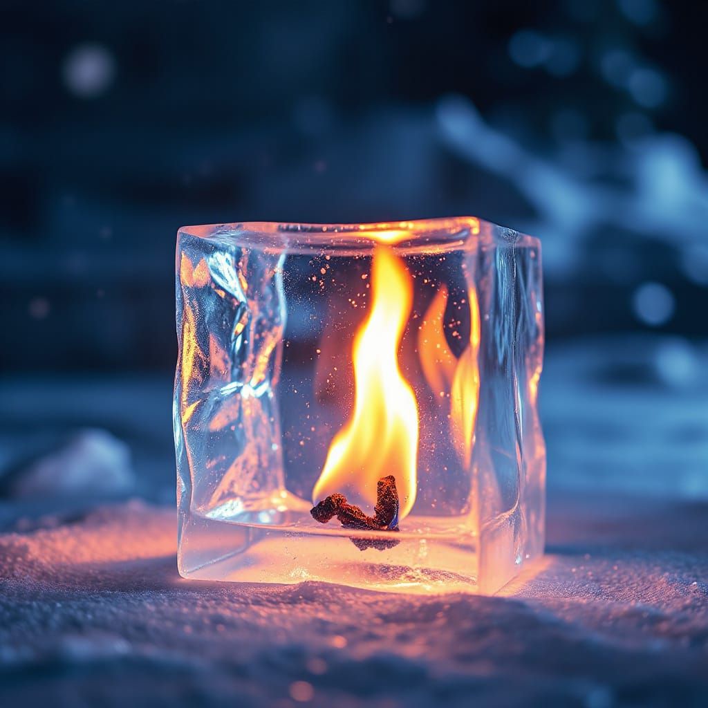 Ethereal Flame Within Frozen Ice Cube in Stunning Double Exp...