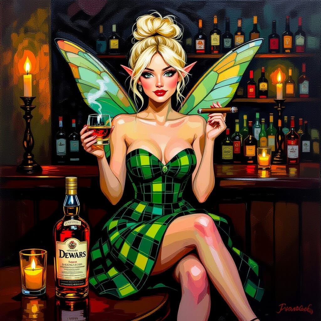 Blonde Fairy with Scotch in Neo-Impressionist Style