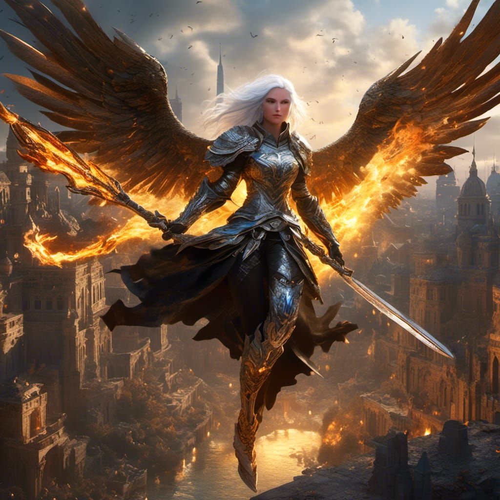 Angel with Flaming Sword Over City, Dark Fantasy Art
