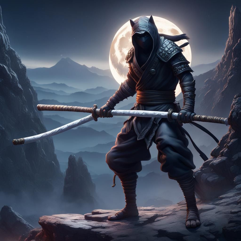 Ninja, Moon, and Wolf Silhouette at Night