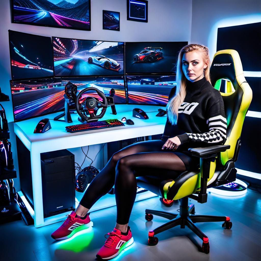 Gamer Girl Immersed in Racing Game with RGB Setup