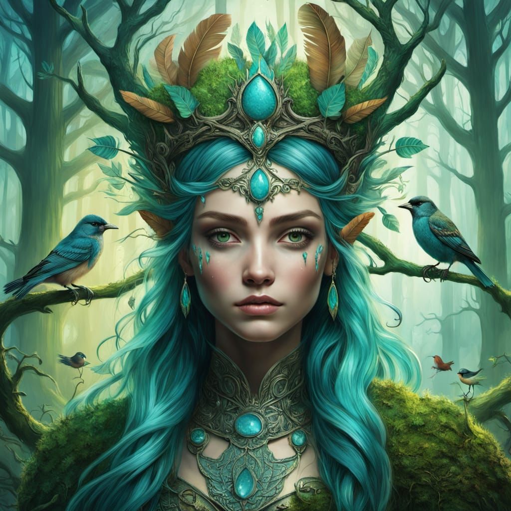 Dryad Queen on Root Throne in Oil Painting Style