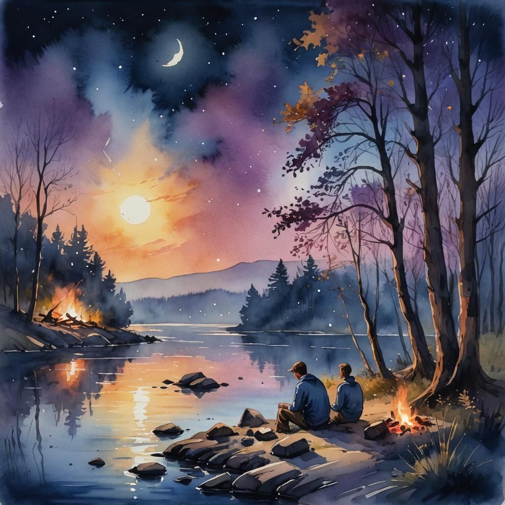 Ethereal Moonlit River Campfire in Watercolor Style