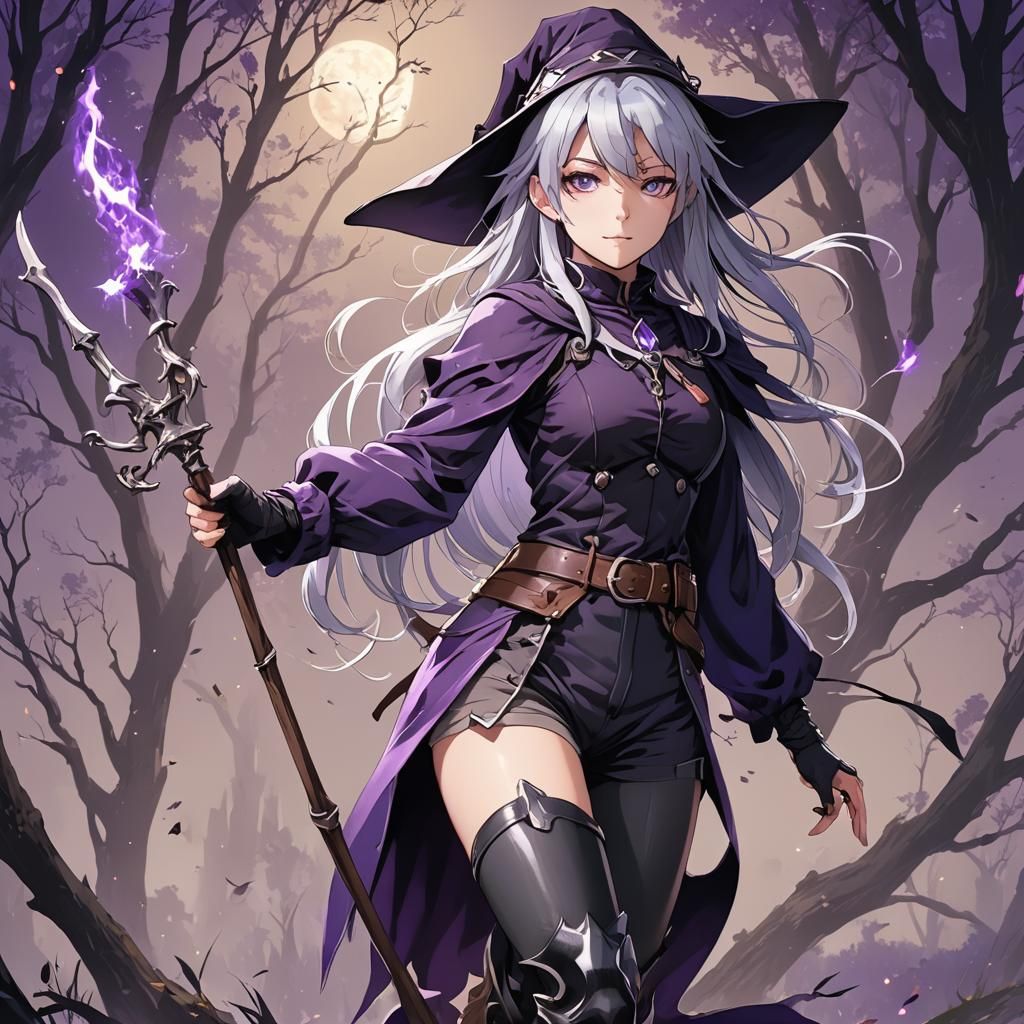 Anime Witch with Violet Eyes and Silver Hair