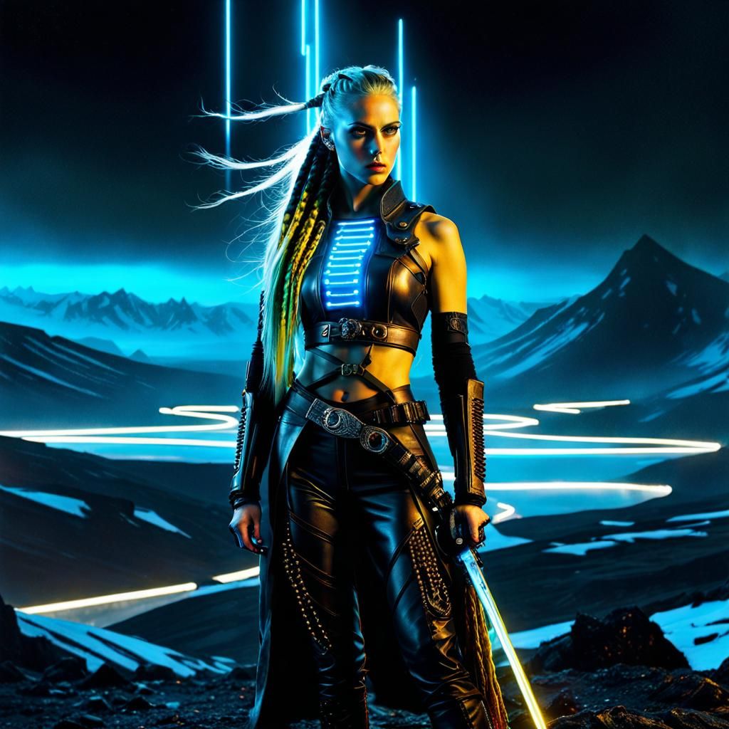 Cyberpunk Barbarian Woman in Arctic Landscape