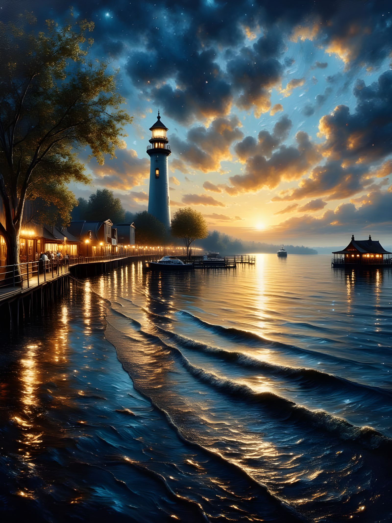 Seaside Village Night Scene with Lighthouse