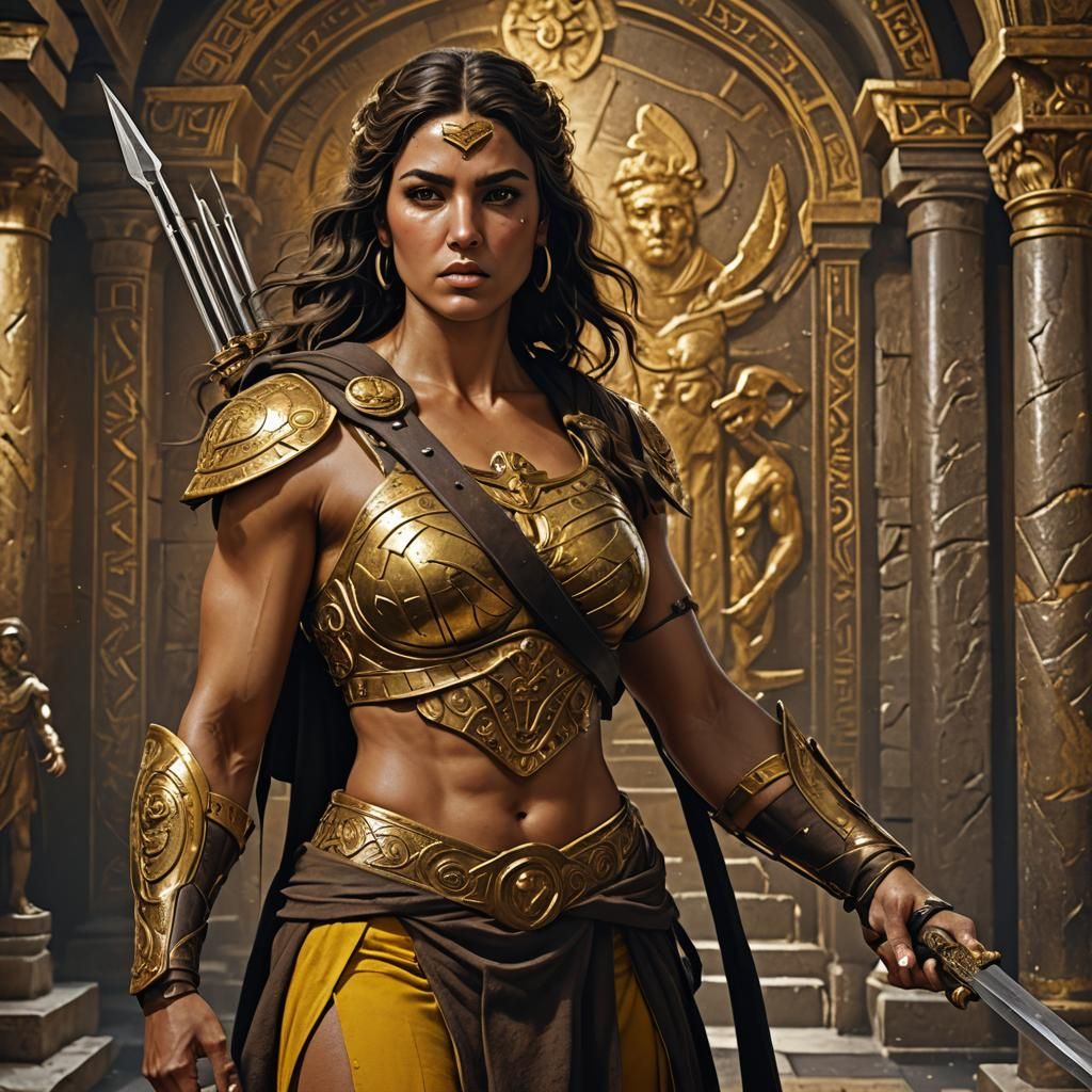 Muscular Greek Woman in Ancient Armory, Detailed Matte Paint...