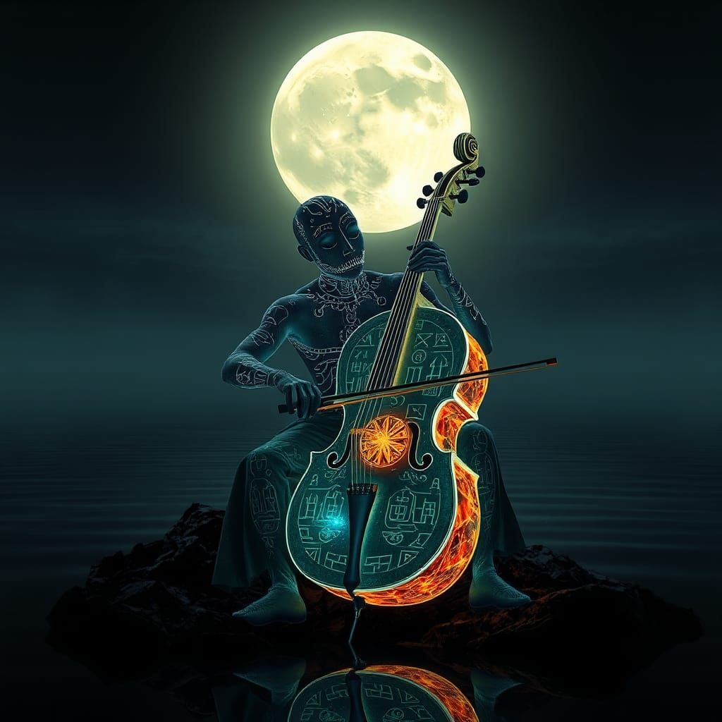 Cellist Bathed in Prismatic Light on Still Lake