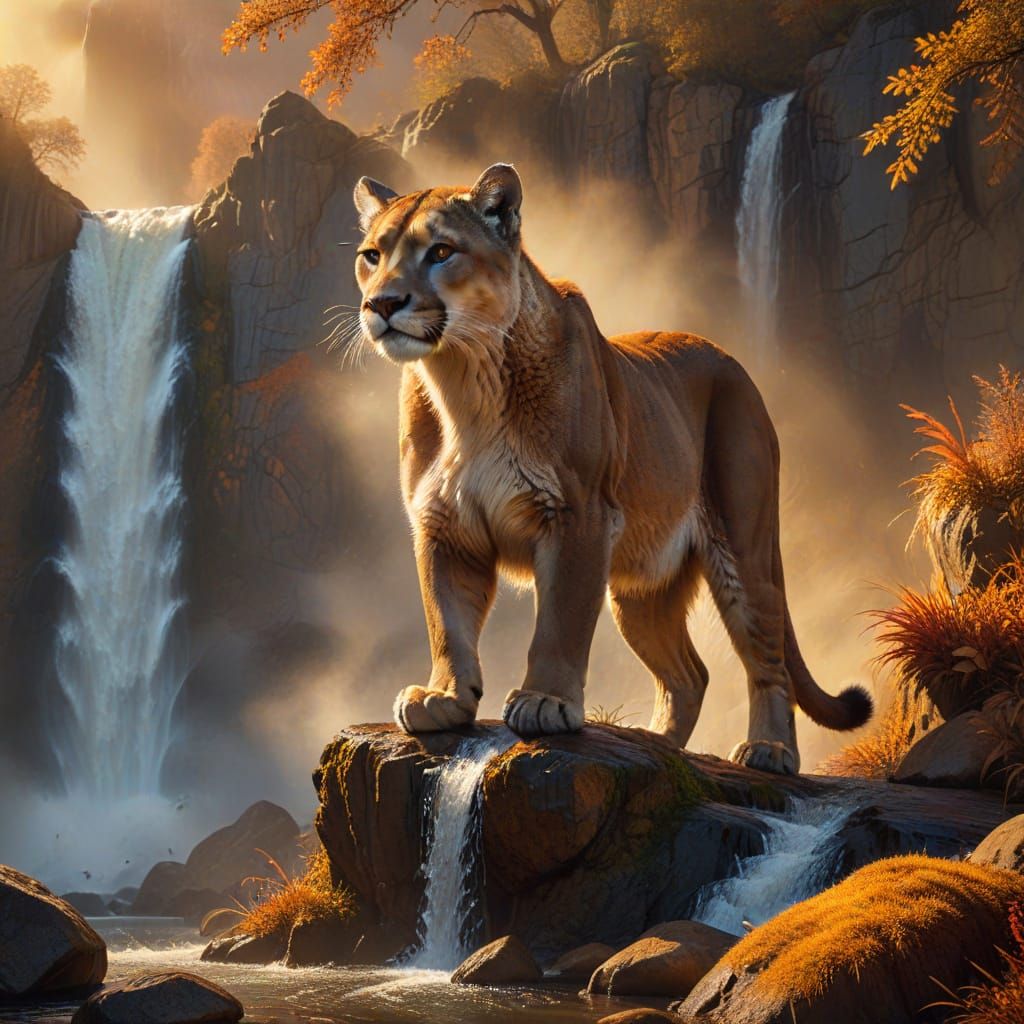 Majestic Mountain Lion at Autumn Waterfall
