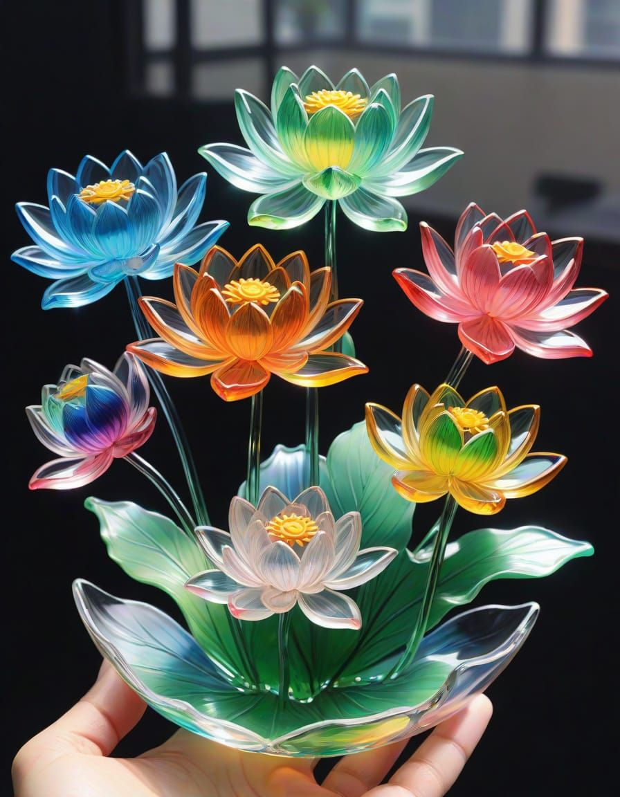 Vibrant Crystal Lotus Blooms in Hyperrealistic Glass
