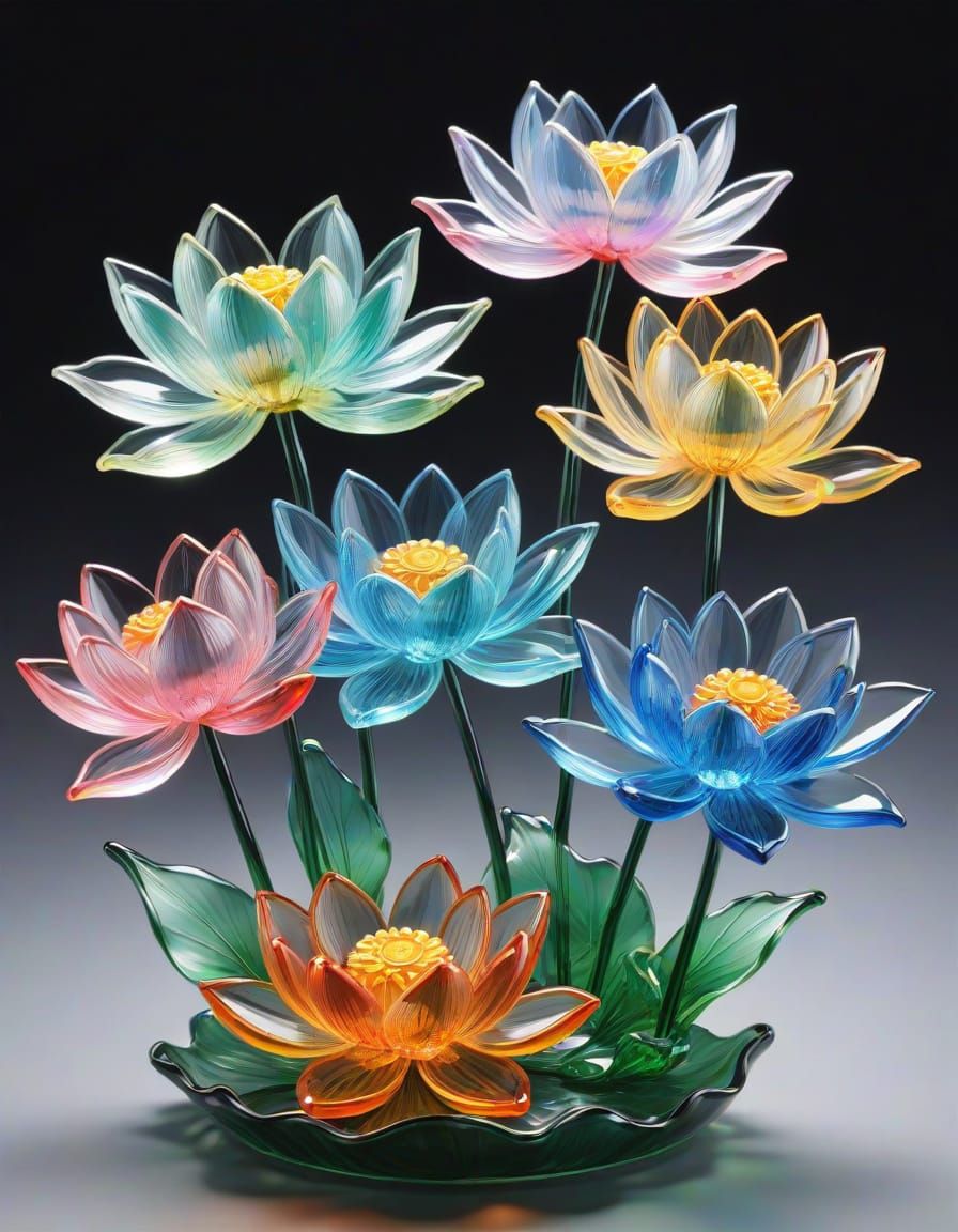 Vibrant Crystal Lotus Blooms in Hyperrealistic Glass