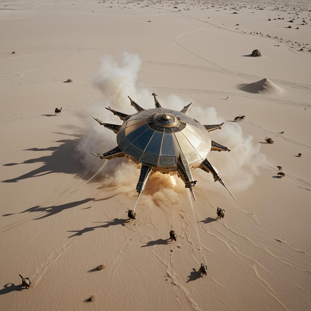 Alien Spacecraft Landing in White Desert Sunset