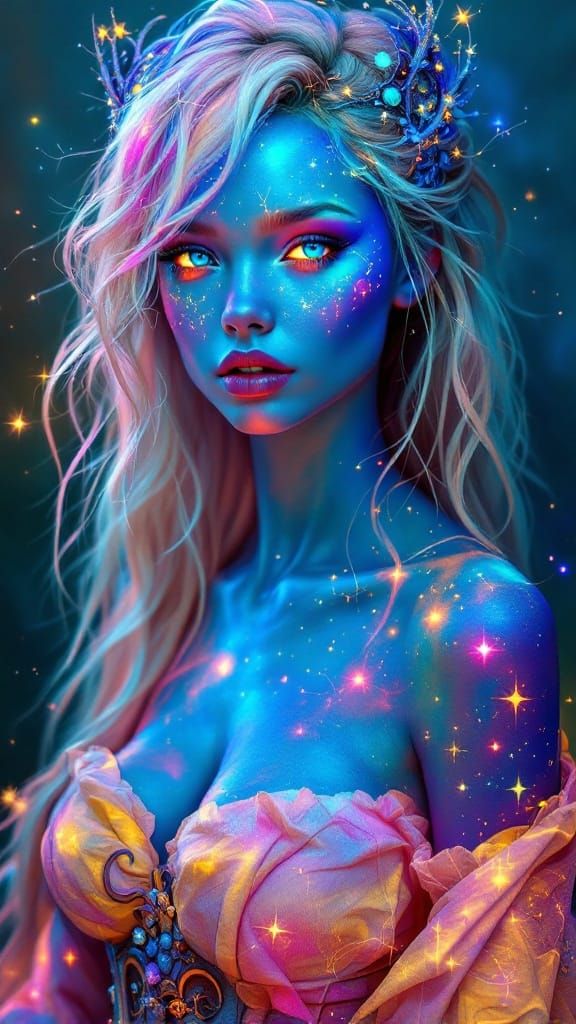 Ethereal Goddess with Iridescent Skin and Starry Constellati...