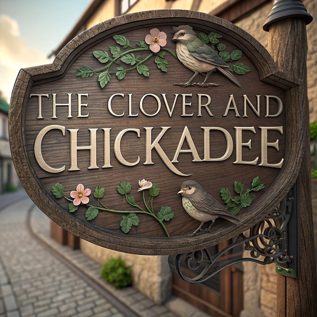 Traditional Wooden Tavern Sign for The Clover and Chickadee