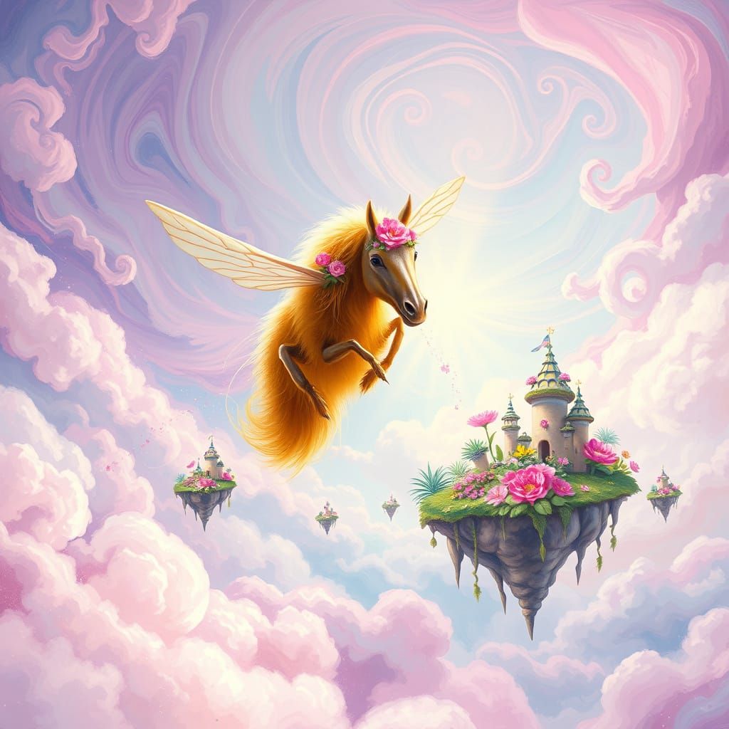 Ethereal Bumblehorse soars through Vibrant, Dreamlike Sky