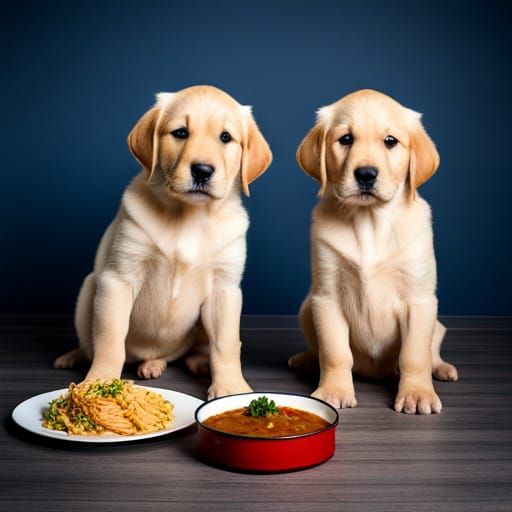 Yellow Lab Puppies Ready for Dinner