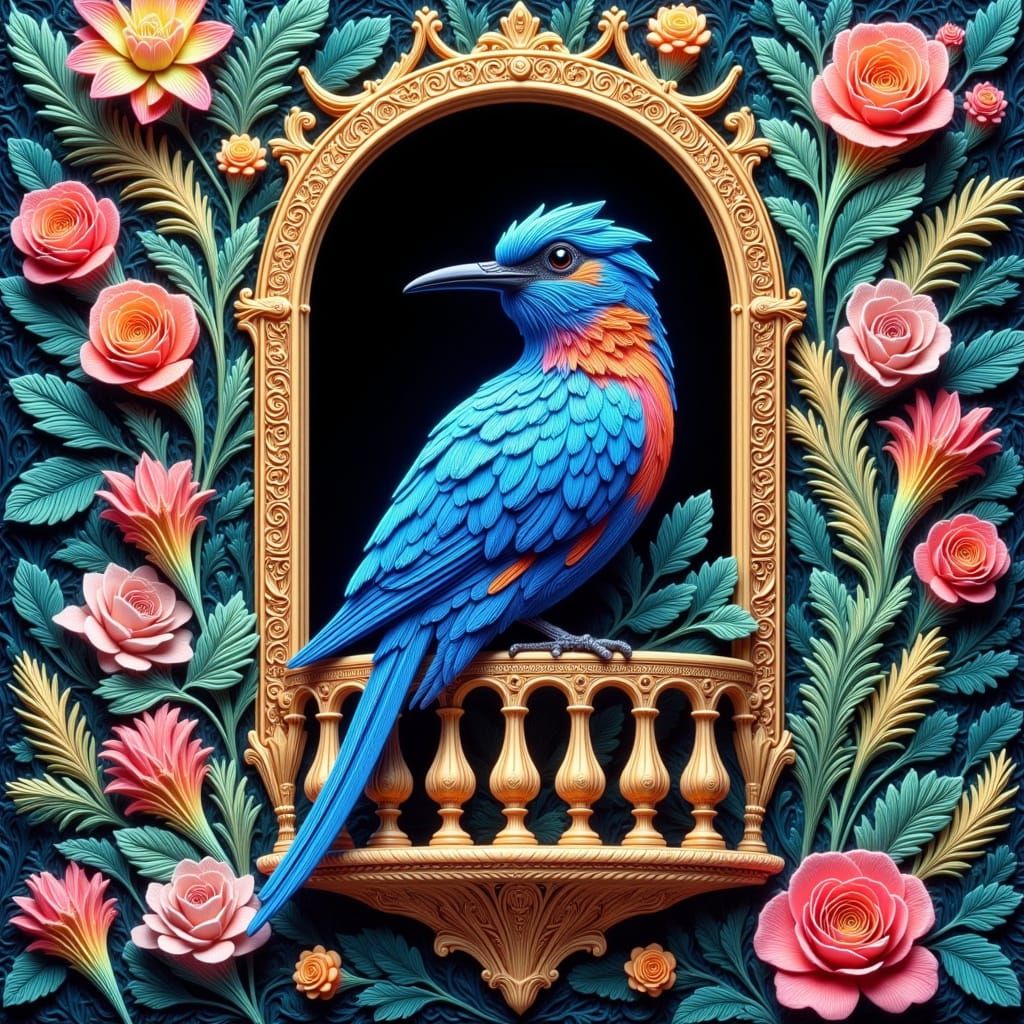Blue Bird Perched on Balcony, in Art Nouveau Style