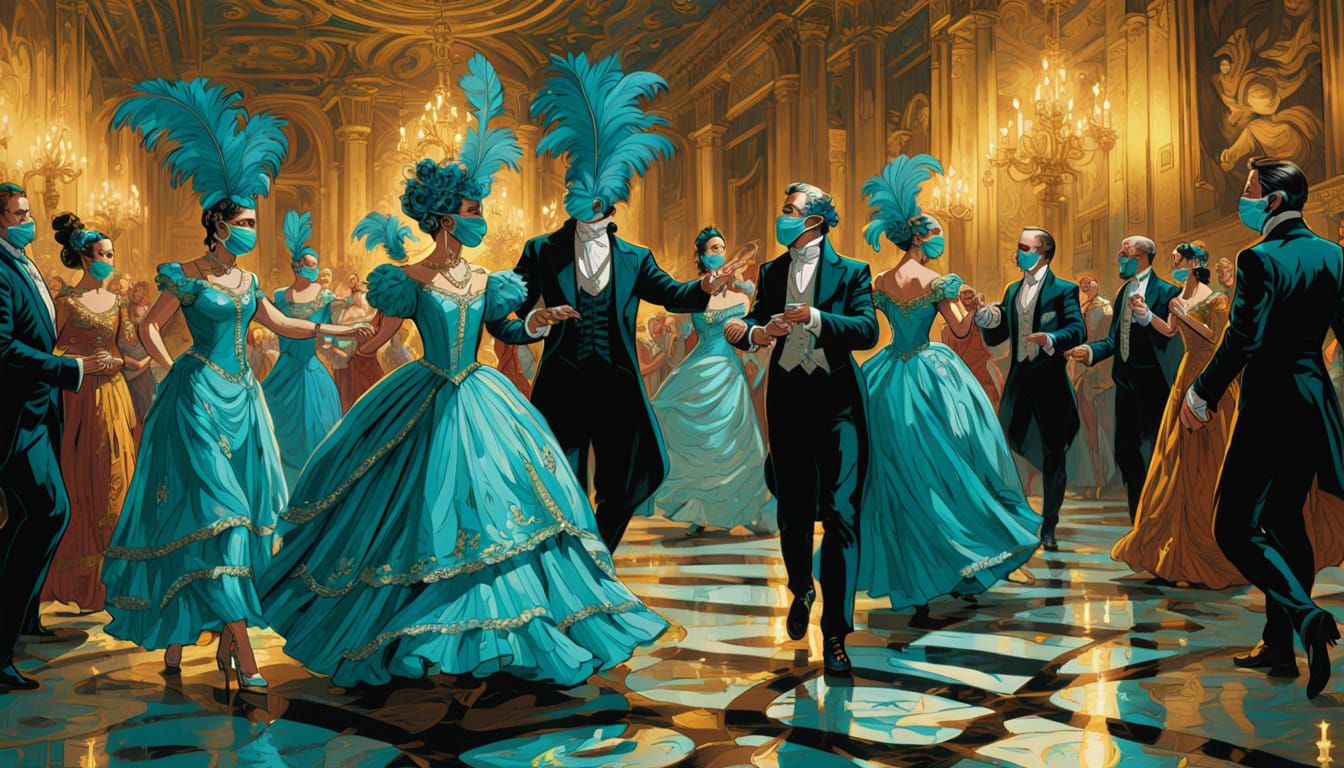 Baroque Ballroom Dance with Turquoise Masks in Comic Style