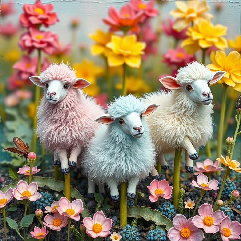 Whimsical Pastel Sheep in Vibrant Garden Scene