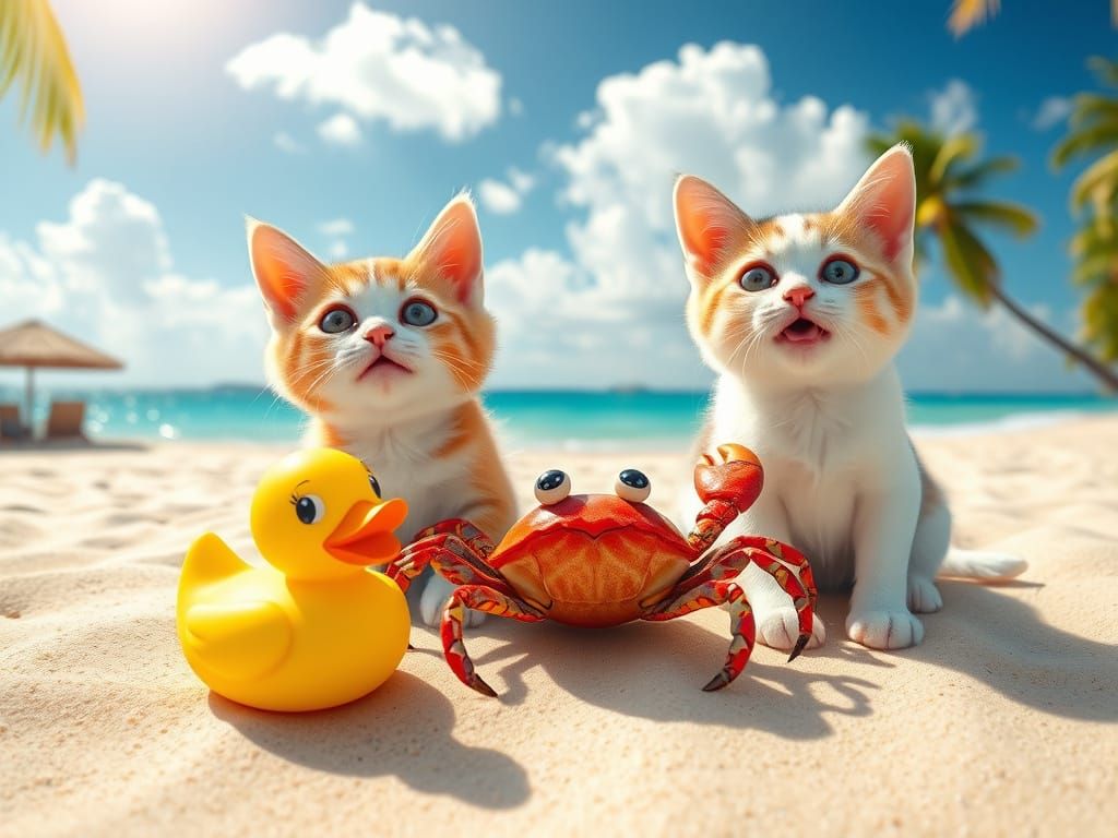 Cats and Crab Enjoying a Sunny Beach Day
