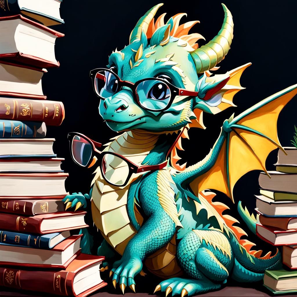 Dragon Cub Reads, Gouache Style Painting