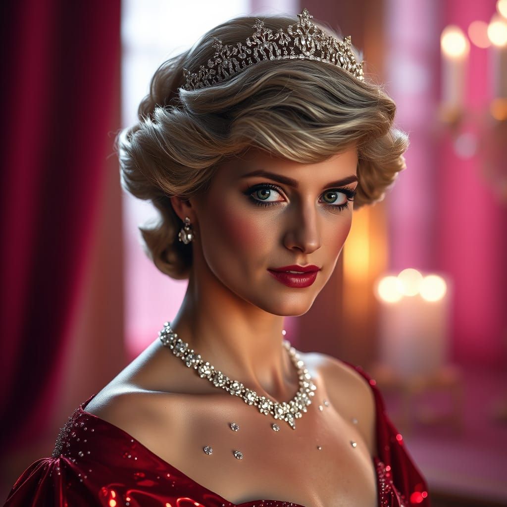 Glamorous Princess Diana in Elegant Burgundy Gown