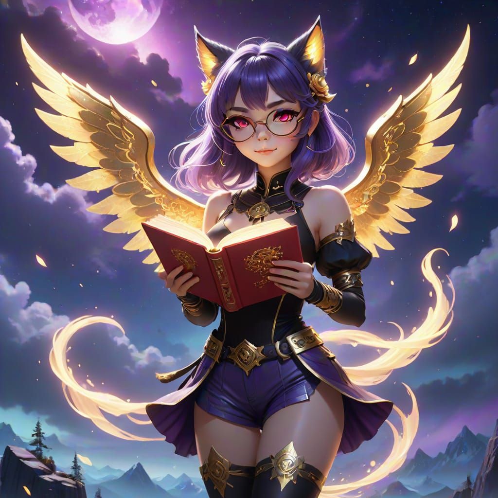 Ethereal Catgirl Soars Above a Vibrant Night Sky