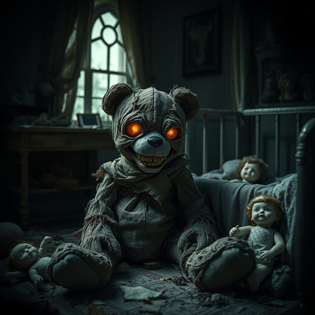 Zombie Teddy Bear in Abandoned Nursery