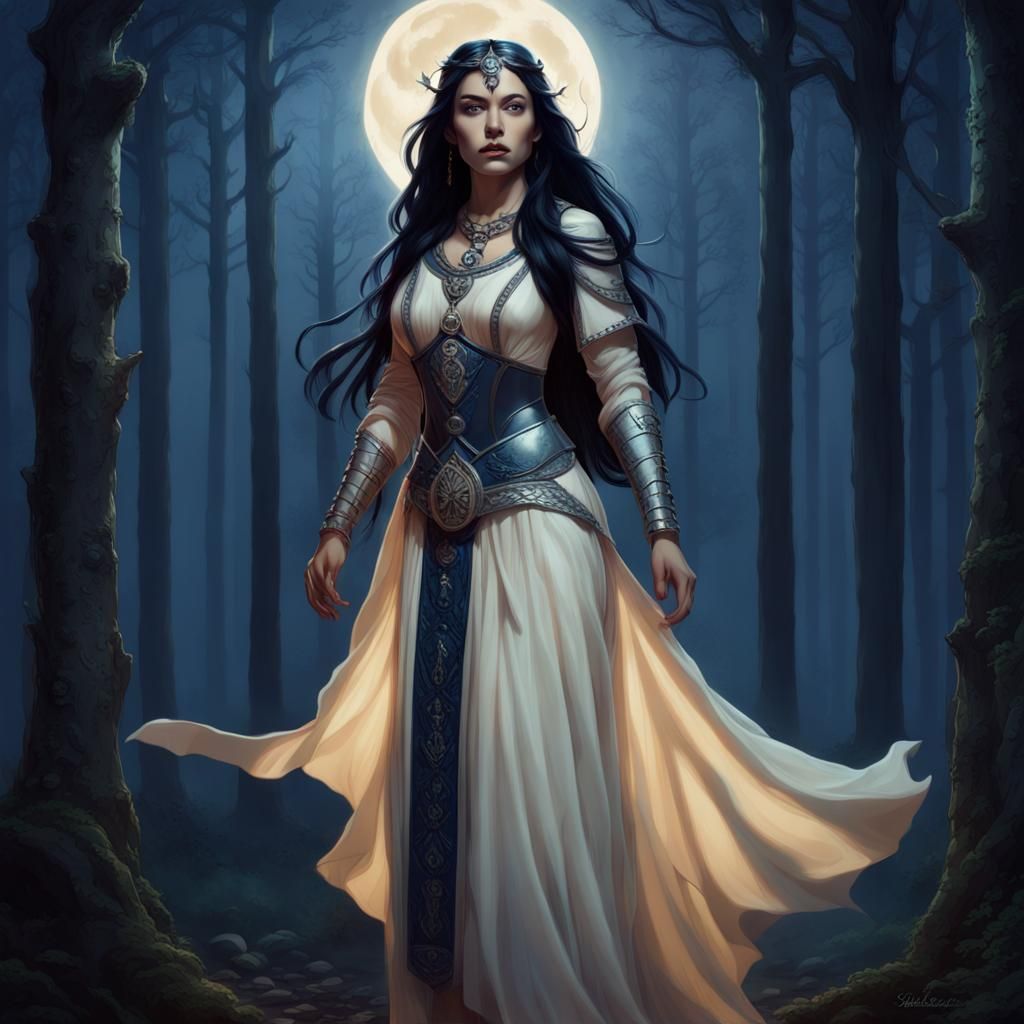 Female Druid Portrait in Moonlit Forest